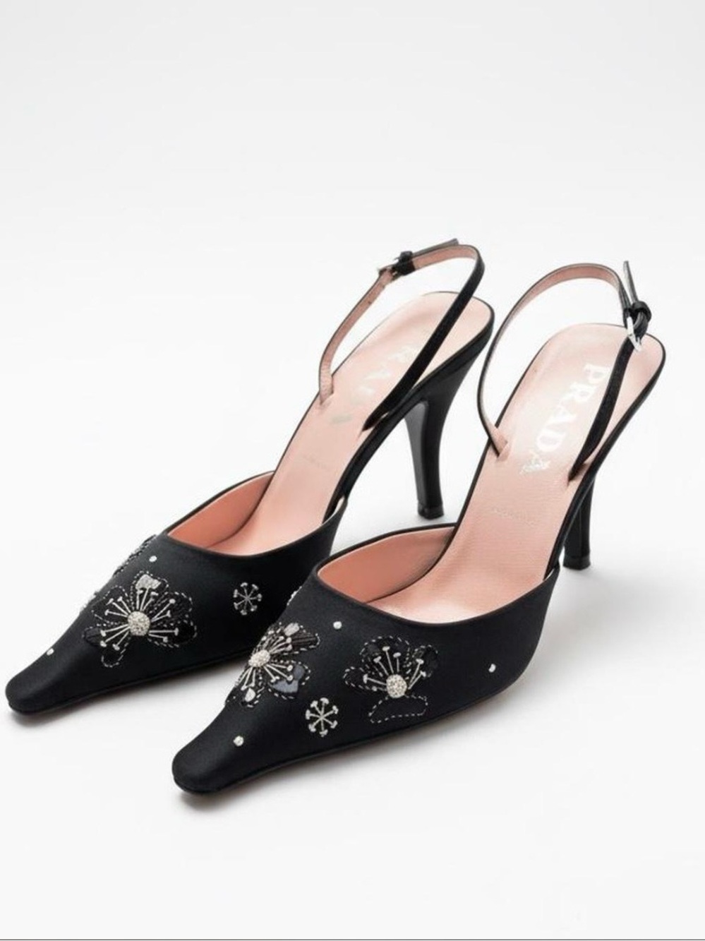 Vintage Prada Black Embroidered Slingback Pumps